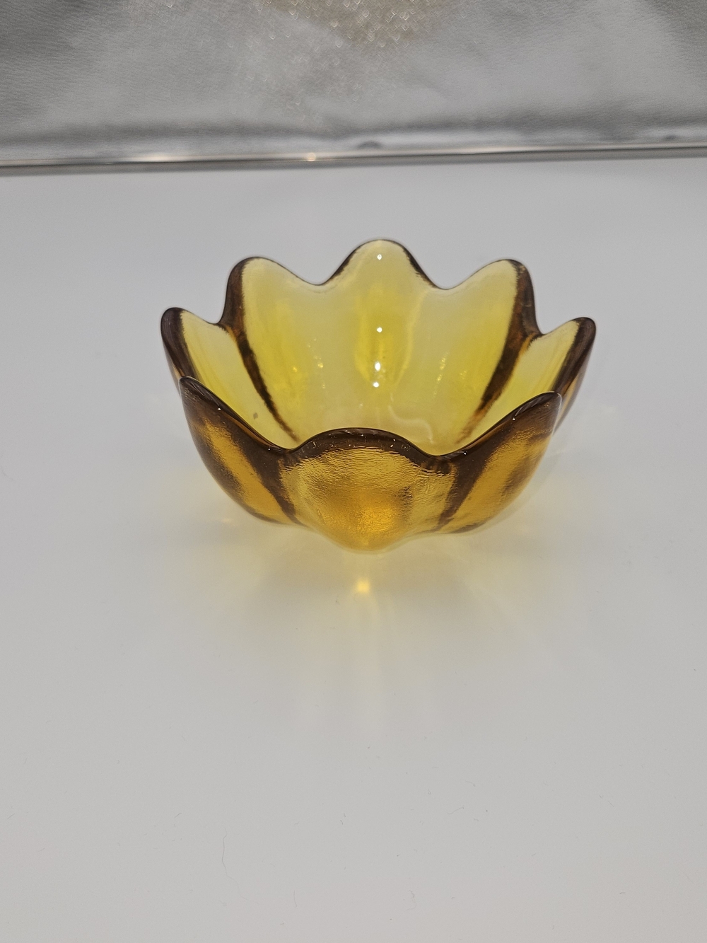 Vintage Blenko Amber Handblown Art Glass 8 Petal Bowl 5.5” Lotus Mid Century